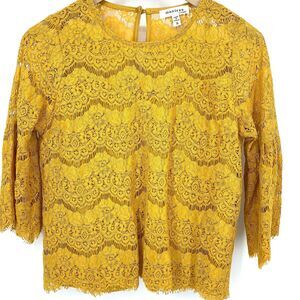 Monteau women's mustard lace bell sleeve top, size S